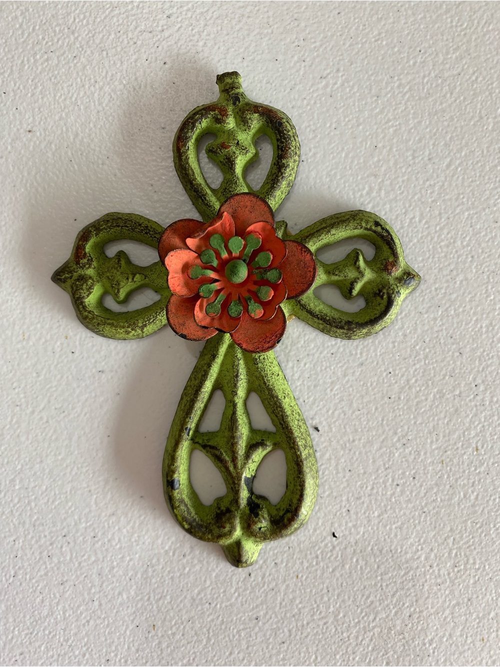 Decorative Green Metal Cross Wall Accent with Orange Flower